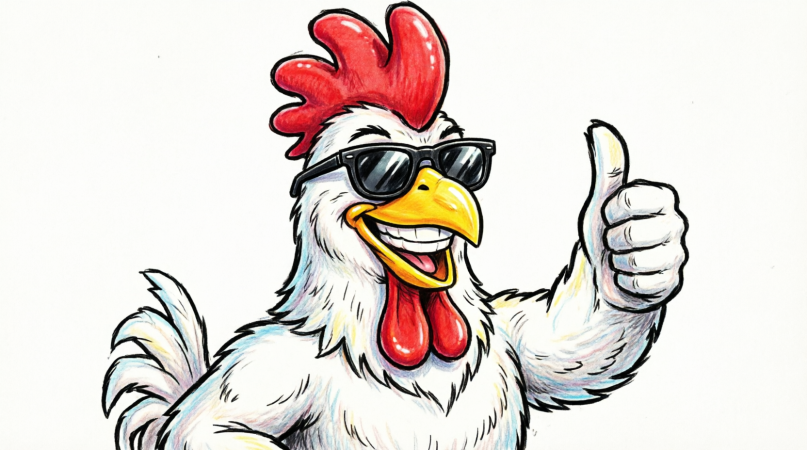 Mascota de Pollos Tavo's con lentes de sol dando pulgar arriba